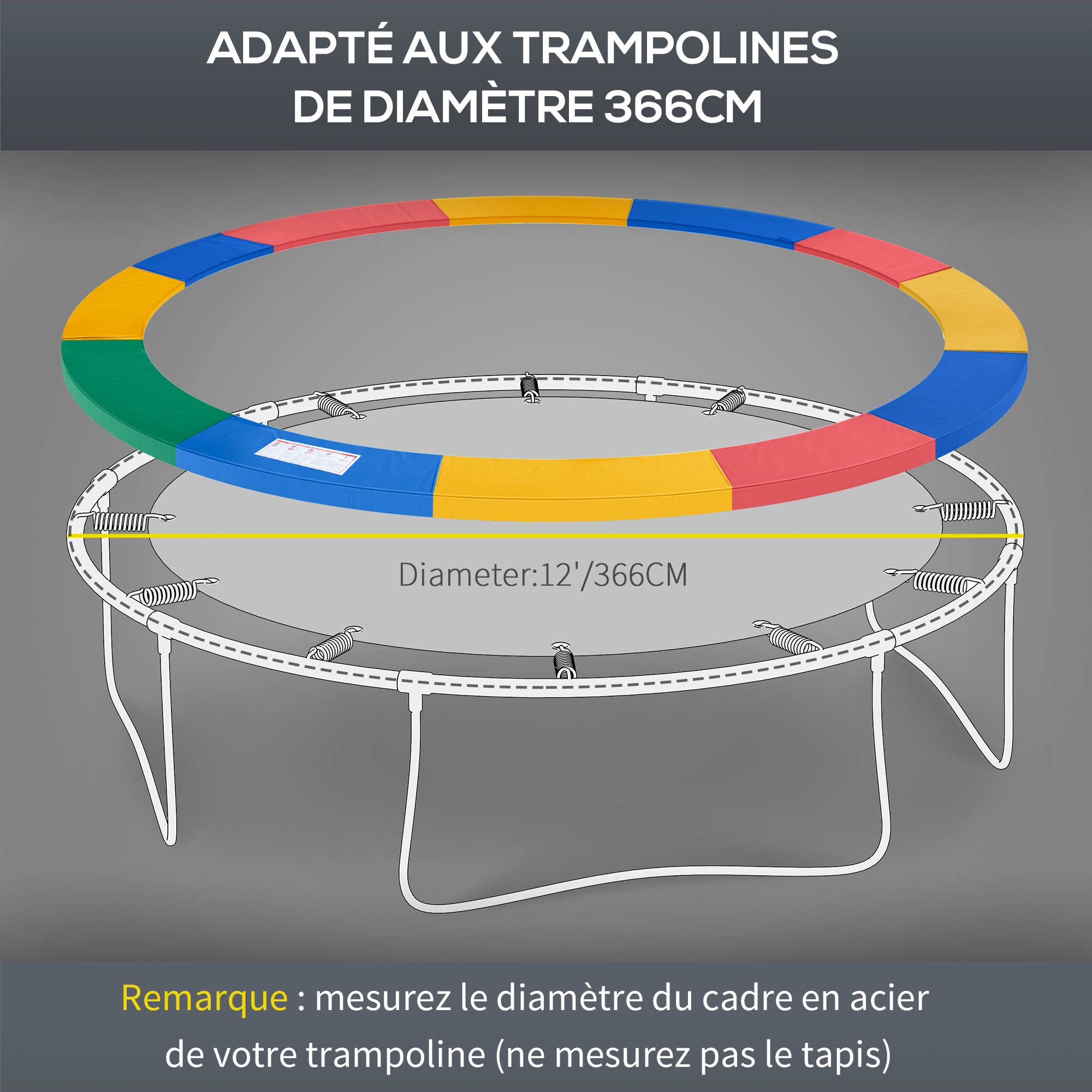 Couvre-ressort trampoline Ø 366 cm PVC PE haute densité rembourrage 15 mm multicolore