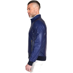 Giubbotto bomber in pelle naturale blu elettrico colletto coreana