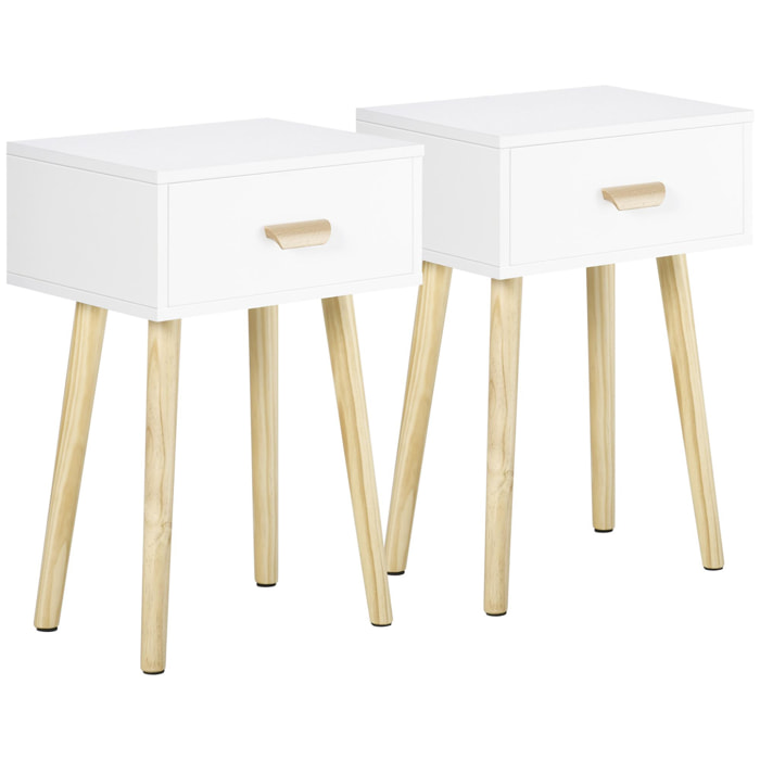 HOMCOM Juego de 2 Mesitas de Noche Mesillas de Noche con Cajón y Patas de Madera para Dormitorio Salón Cama Oficina Estilo Moderno 40,5x30,5x60 cm Blanco