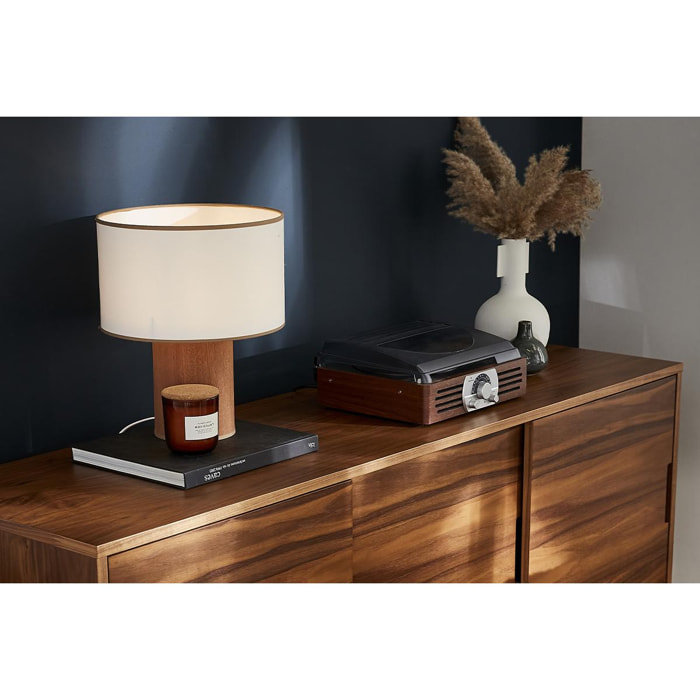 Lampe à poser en bois feuille d'acajou et abat-jour en coton blanc cassé H36 cm SOLAR