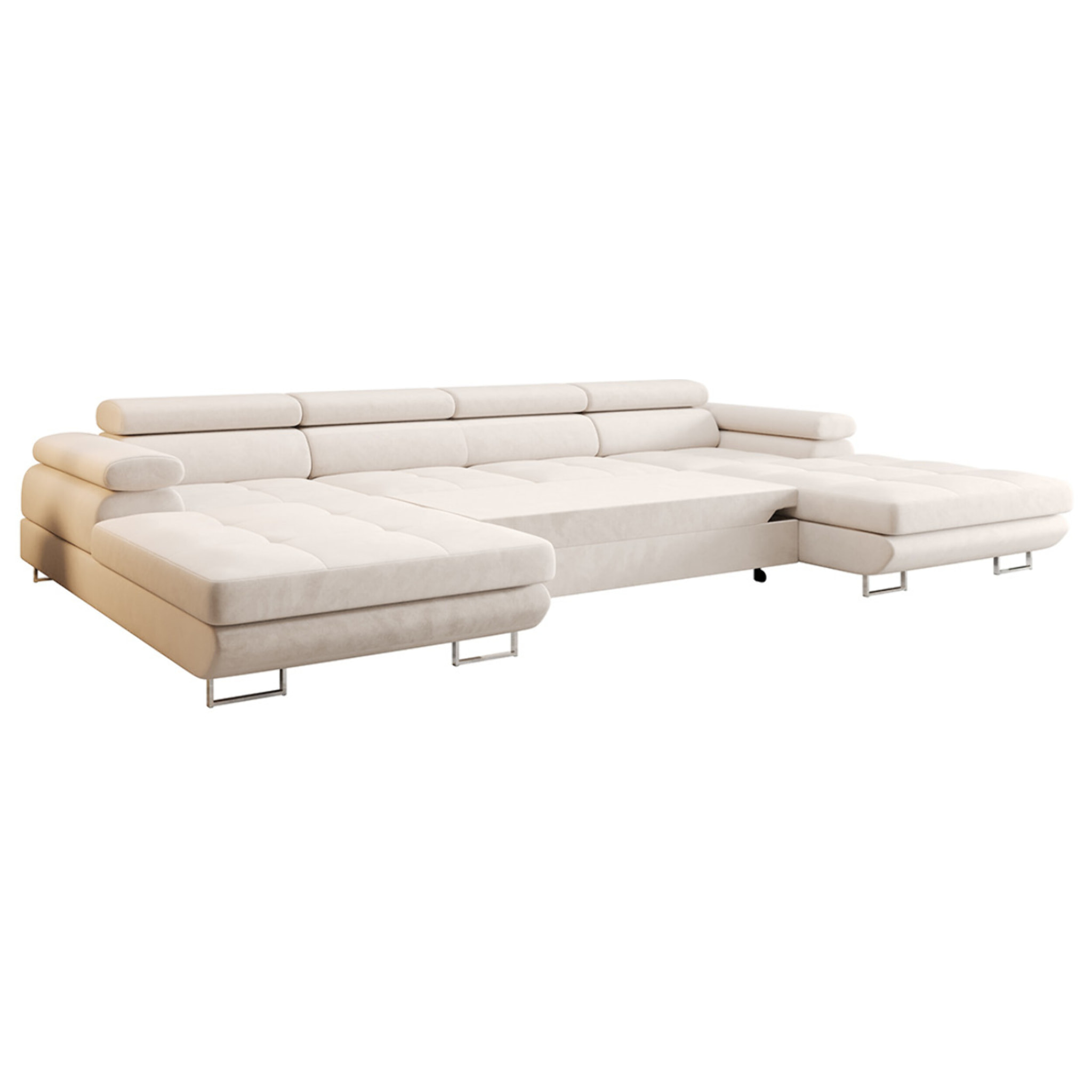 Ayden - Canapé panoramique en U 7 places convertible avec coffre et têtières réglables en tissu - Beige