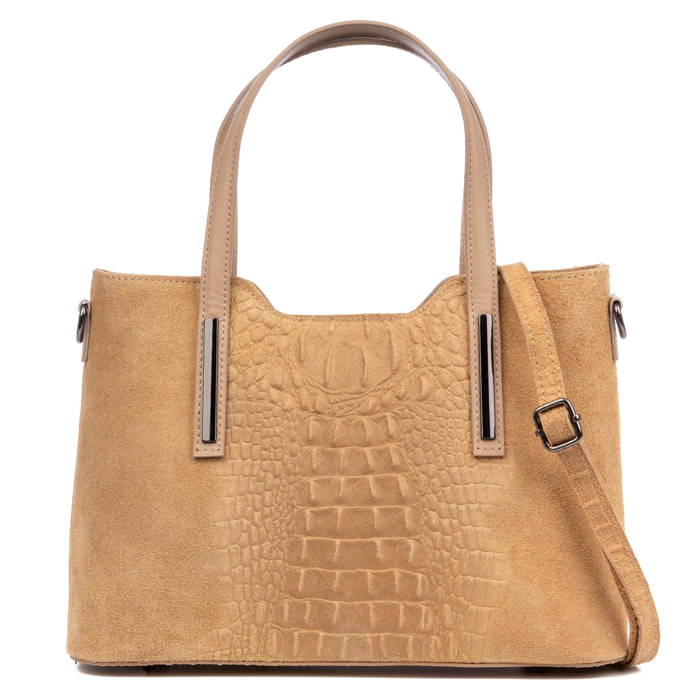 Fiesole borsa tote Donna. Vera Pelle Scamosciata Incisa Coccodrillo.