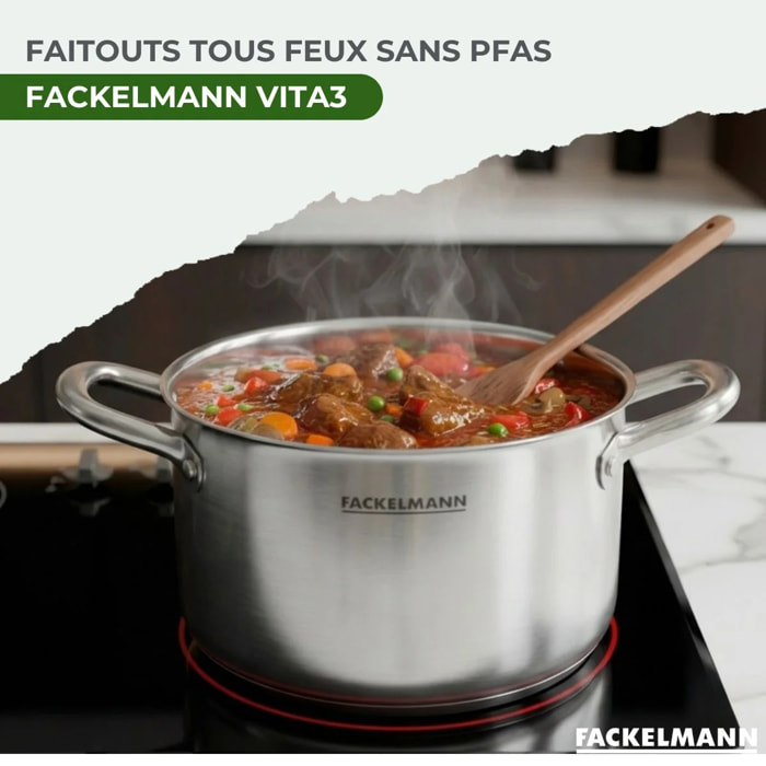 Batterie de cuisine avec 2 faitouts 20/24 cm en inox sans PFAS Fackelmann Vita3