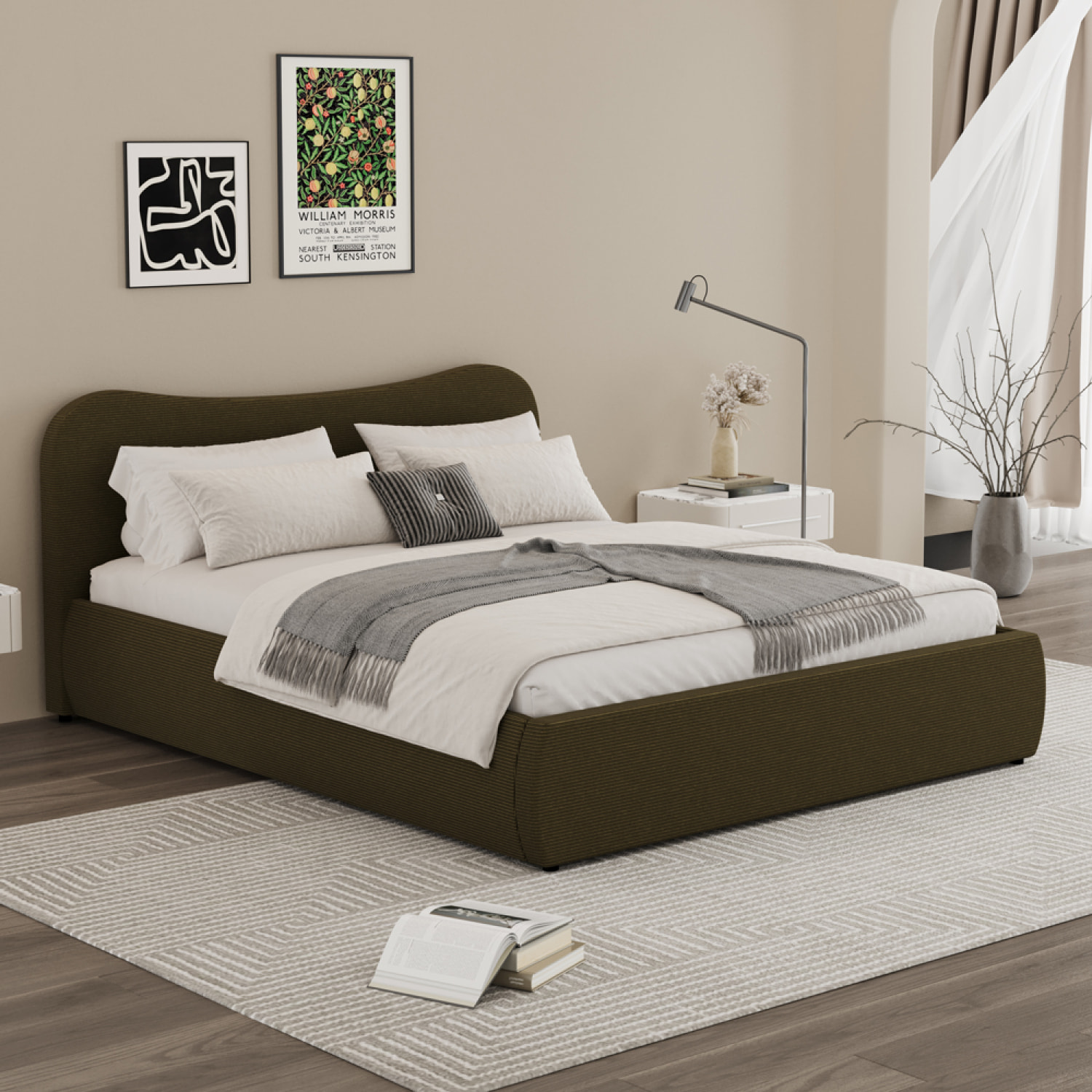 MILANO Lit coffre 160x200cm design arrondi velours côtelé vert