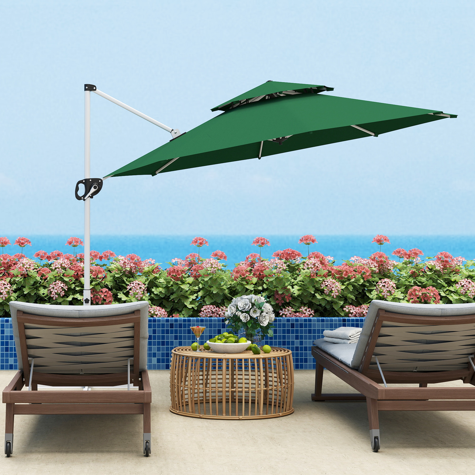 Sombrilla de Jardín Ø292 cm Parasol Excéntrico con Manivela Giratorio 360° Inclinación Ajustable Doble Techo y Base Cruzada Sombrilla para Terraza Exterior Patio Verde Oscuro