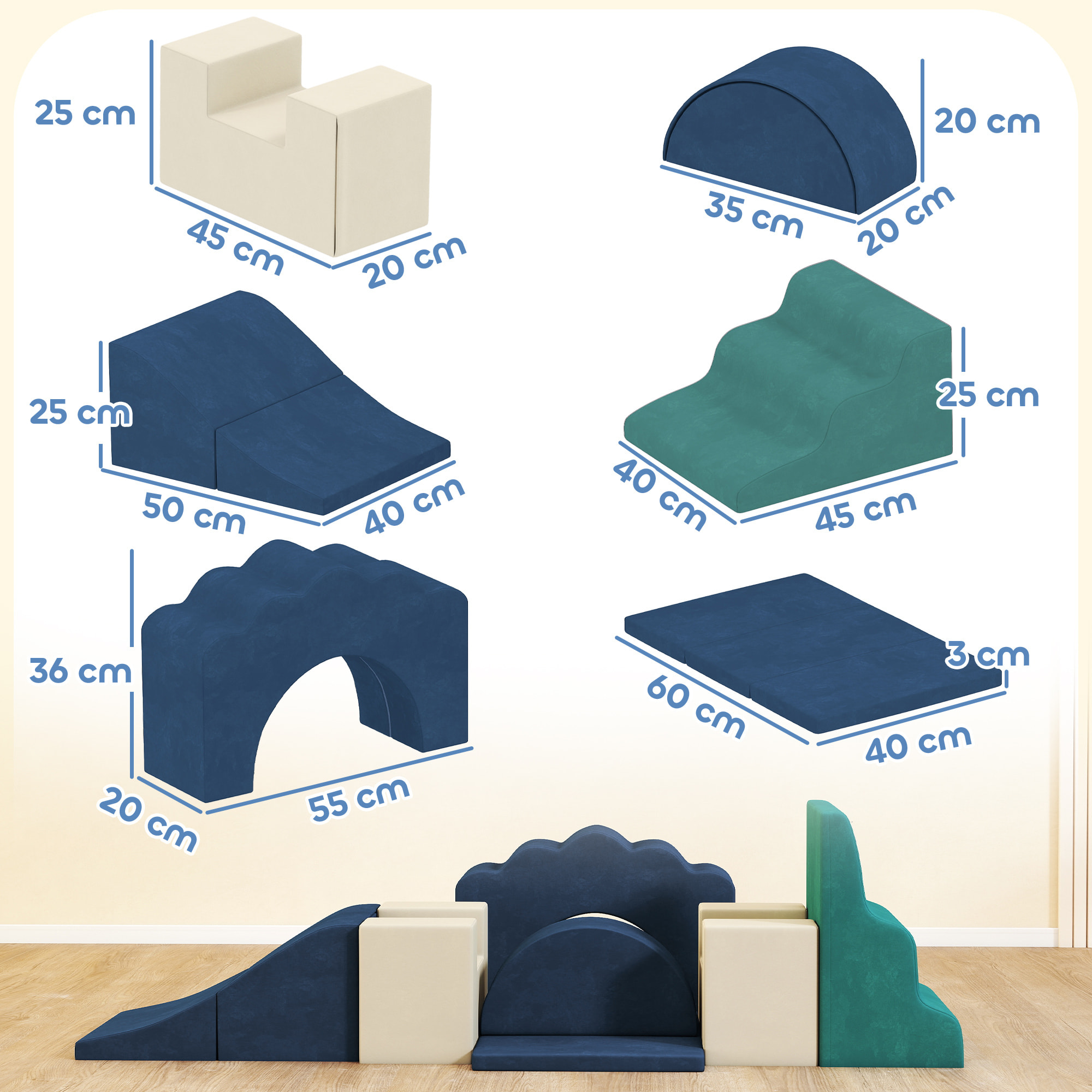 Juego de 7 Bloques de Espuma para Niños, Bloques de Psicomotricidad Infantil con Base Antideslizante, Montessori, Set de Escalada Suave Interior para Escalar y Gatear, 6 Meses-3 Años, Azul