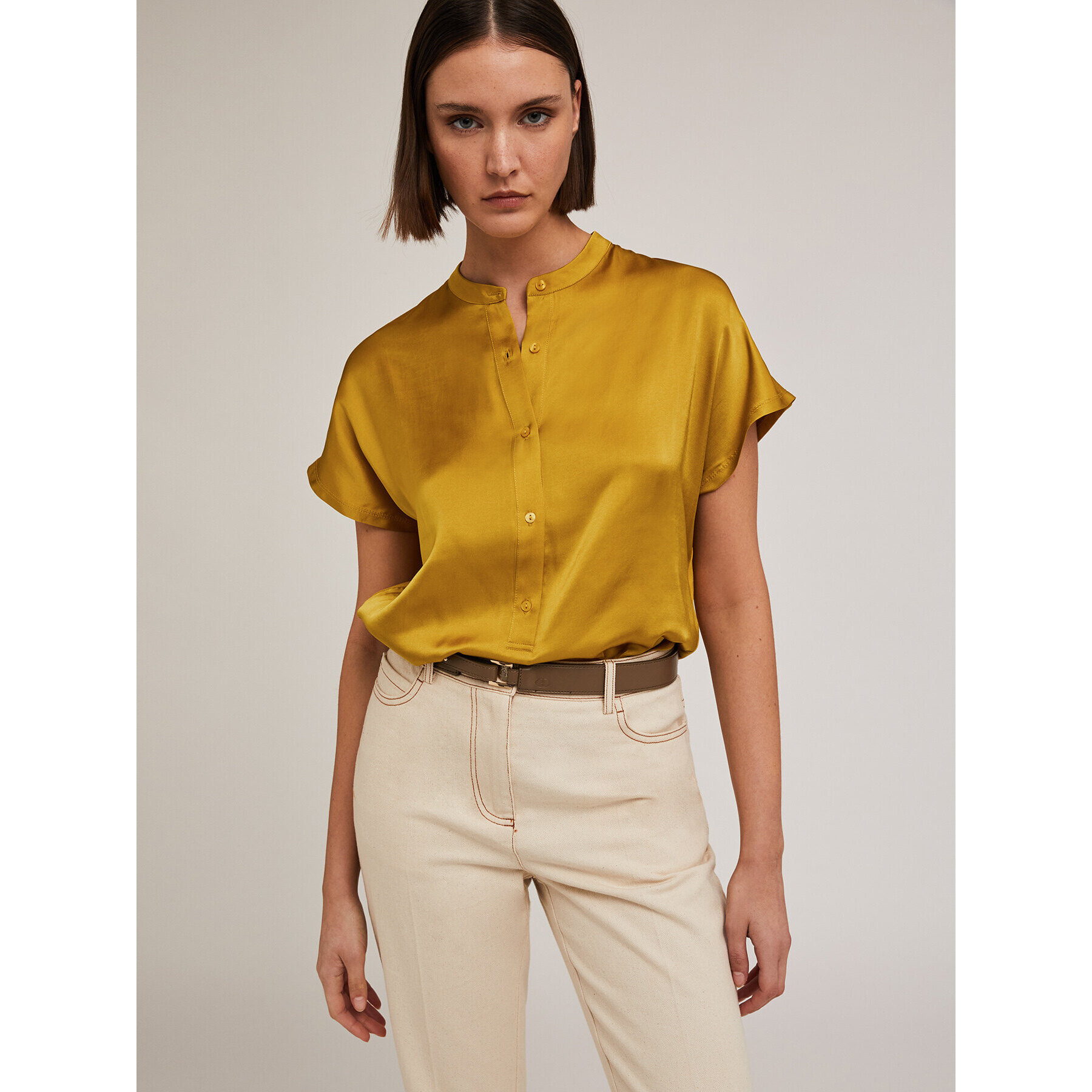 Motivi - Blusa bimateria con cuello mao - Amarillo