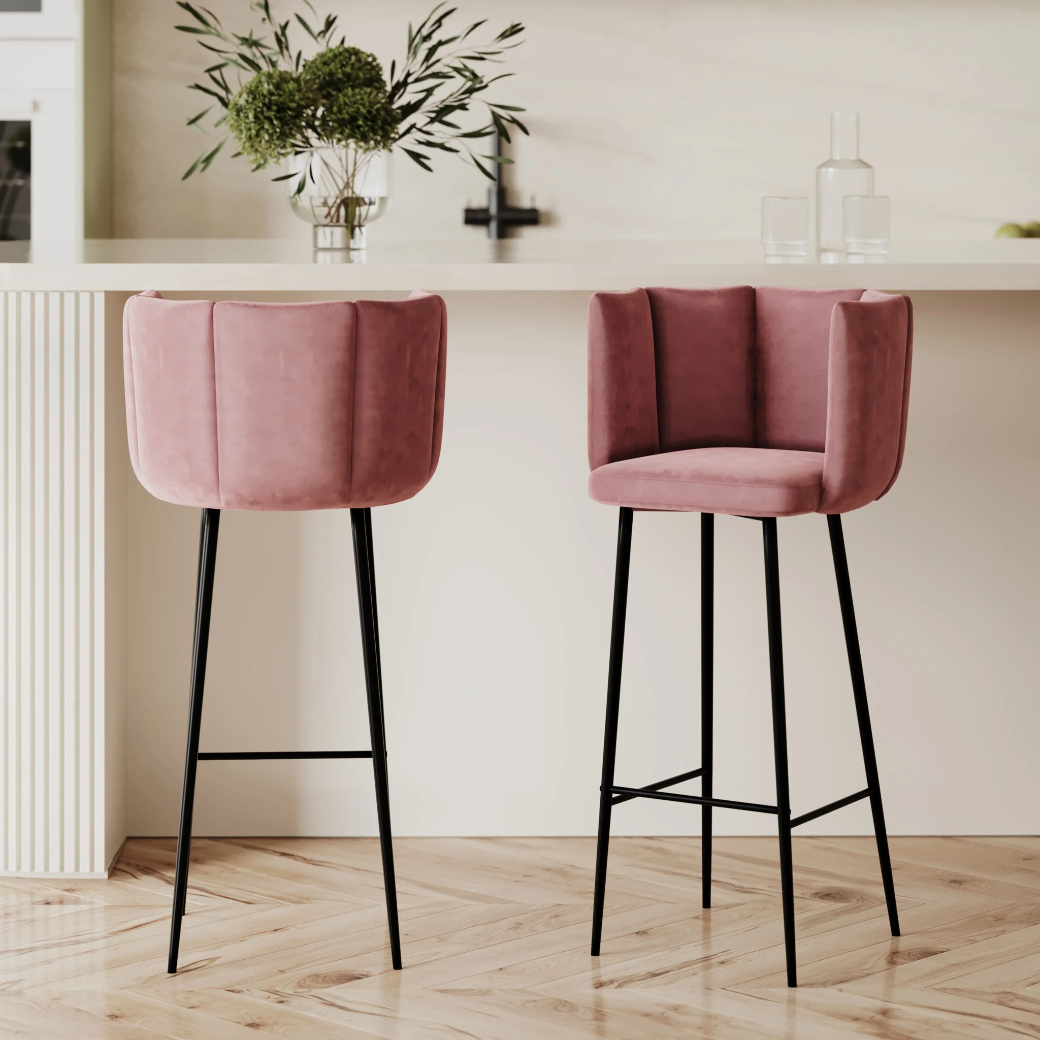 Lot de 2 chaises de bar en velours rose 75 cm - Rosy