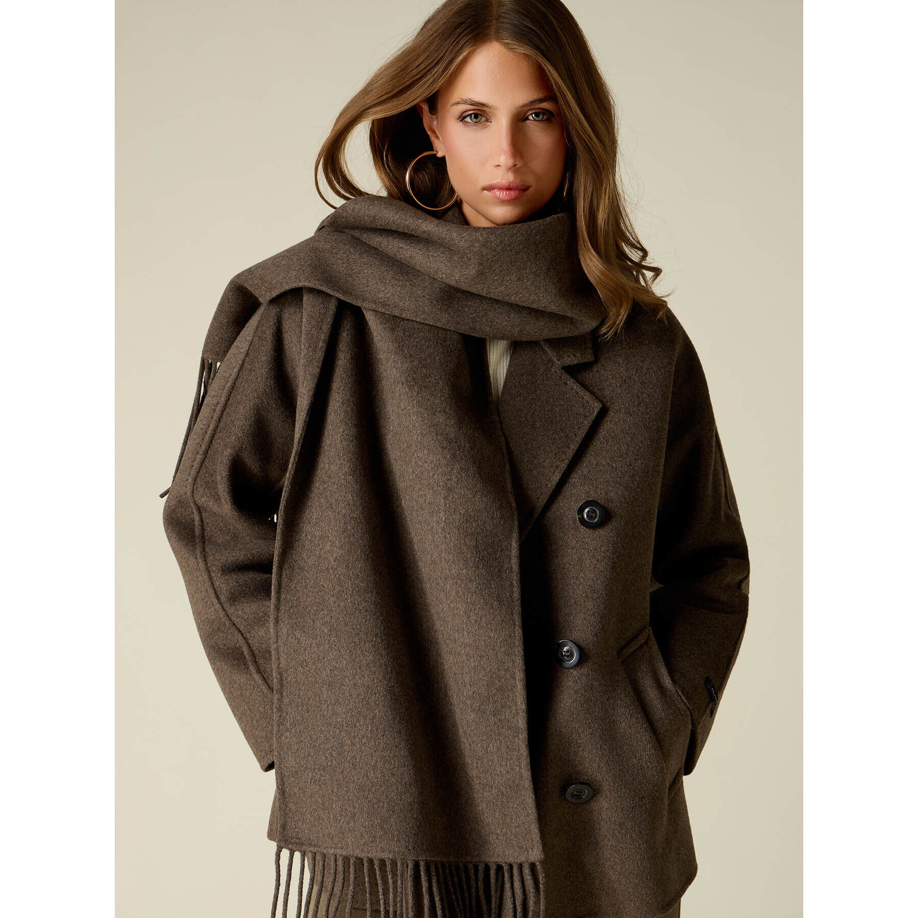 Oltre - Cappotto corto misto lana con sciarpa - Marrone
