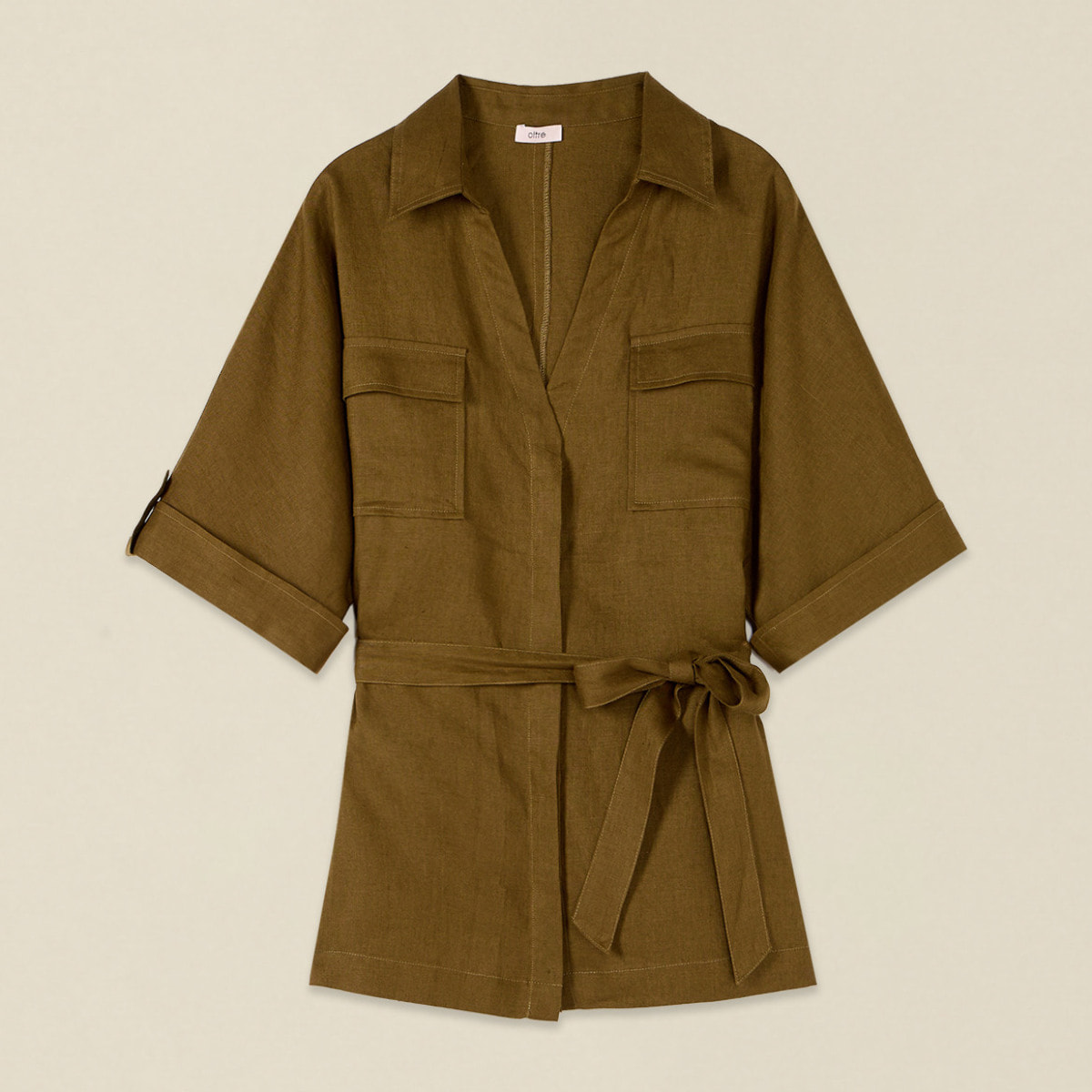 Oltre - Camicia in lino con cintura e taschini - Verde militare