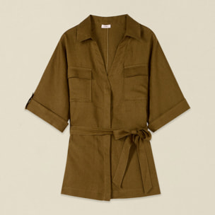 Oltre - Camicia in lino con cintura e taschini - Verde militare
