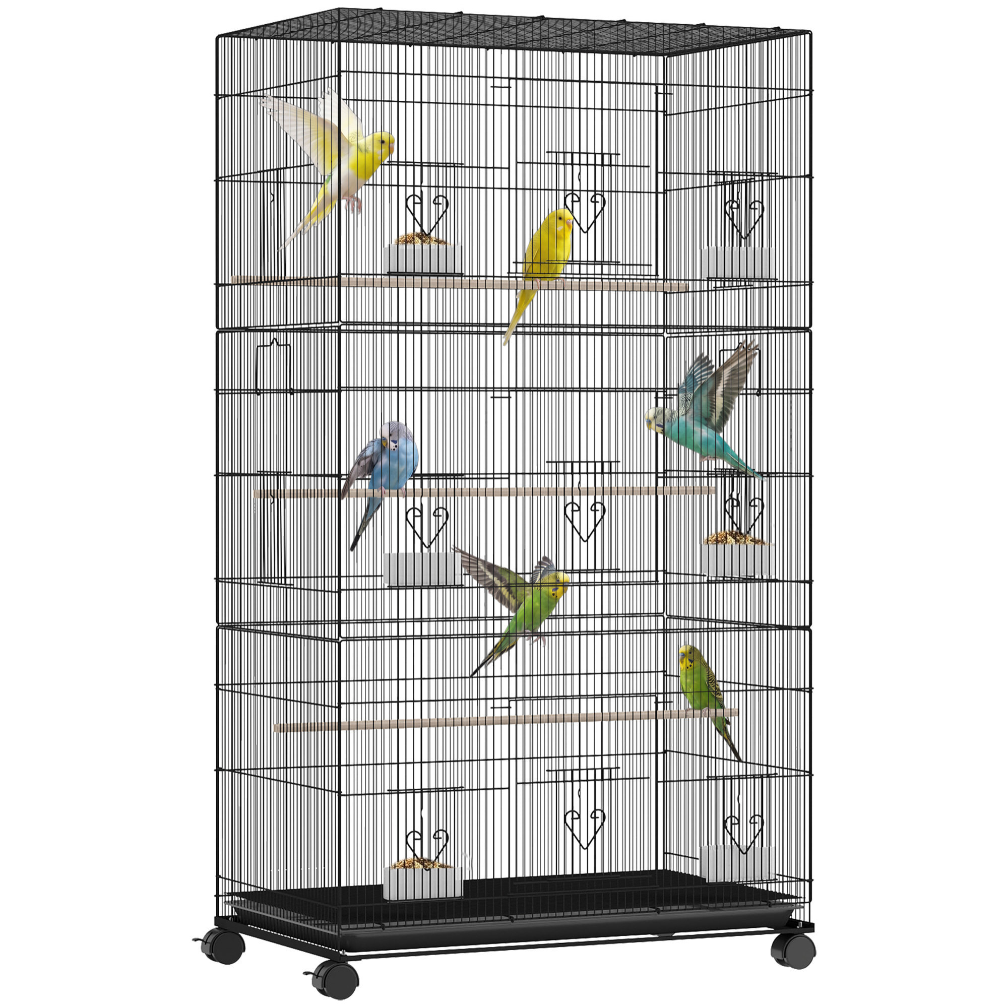 Jaula Grande para Pájaros con Ruedas, Jaula Metálica con 6 Comederos, Bandeja Extraíble, Múltiples Puertas, 3 Perchas de Madera, Pajarera para Periquitos, Agapornis, Ninfas 77x46,5x141 cm Negro