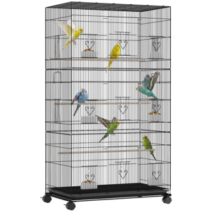 Jaula Grande para Pájaros con Ruedas, Jaula Metálica con 6 Comederos, Bandeja Extraíble, Múltiples Puertas, 3 Perchas de Madera, Pajarera para Periquitos, Agapornis, Ninfas 77x46,5x141 cm Negro