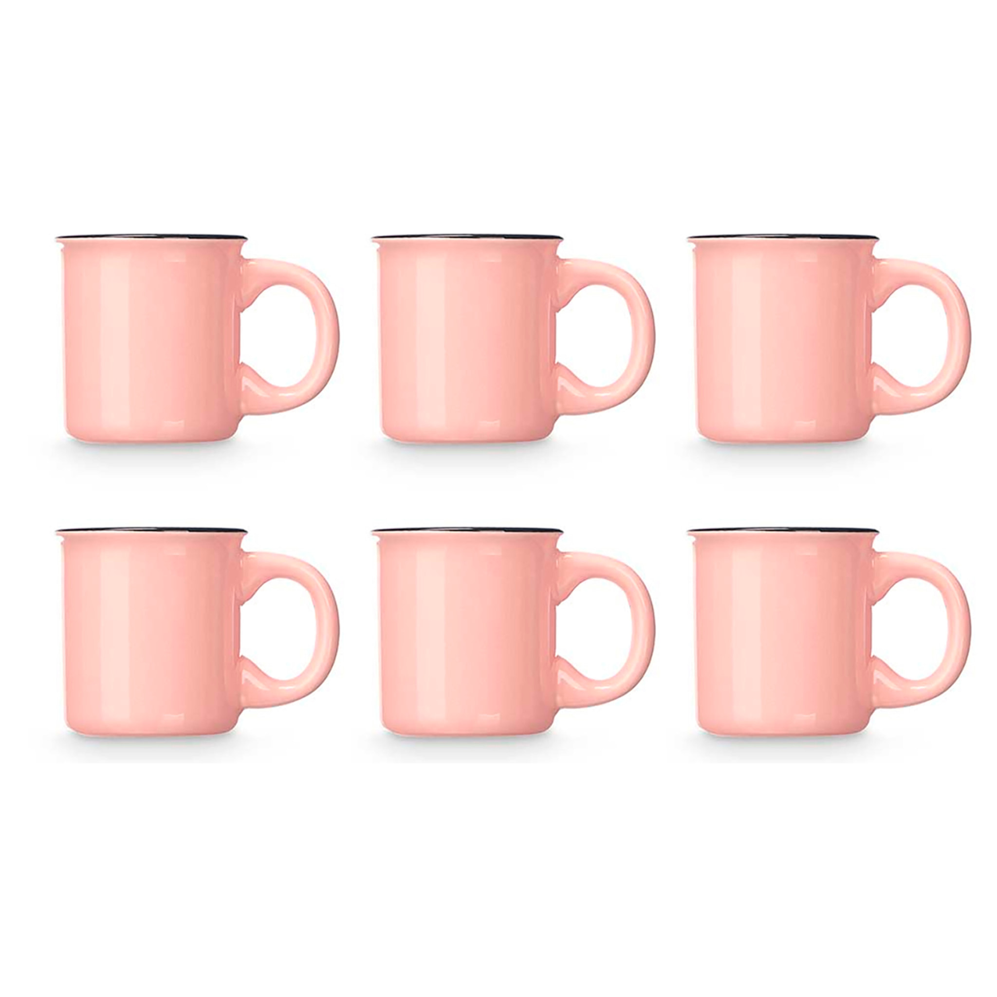 Set de 6 tazas rosa para café de porcelana con soporte de metal. 100 ml de capacidad.