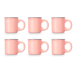 Set de 6 tazas rosa para café de porcelana con soporte de metal. 100 ml de capacidad.