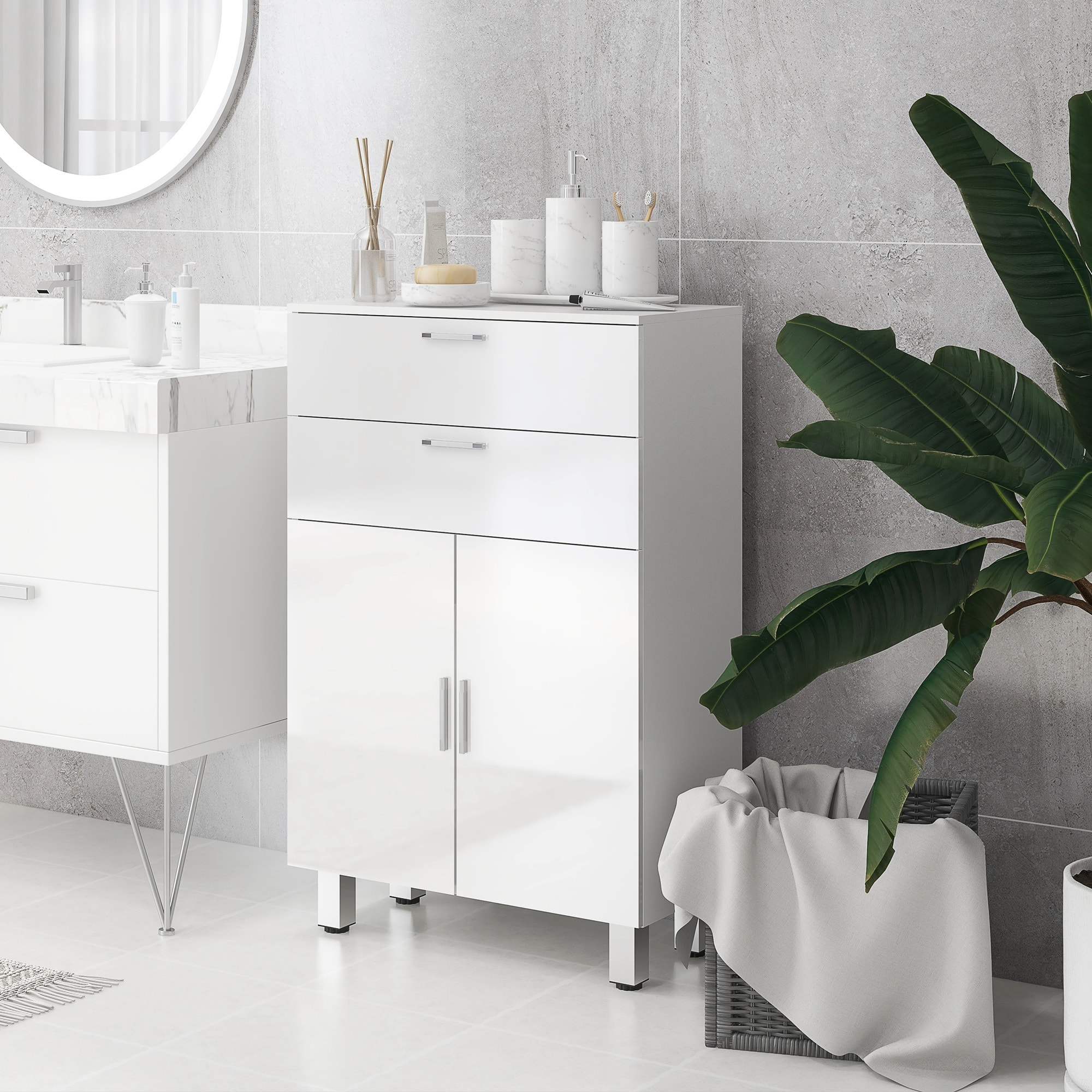 Meuble bas salle de bain façade blanc laqué 2 portes 2 étagères 2 tiroirs