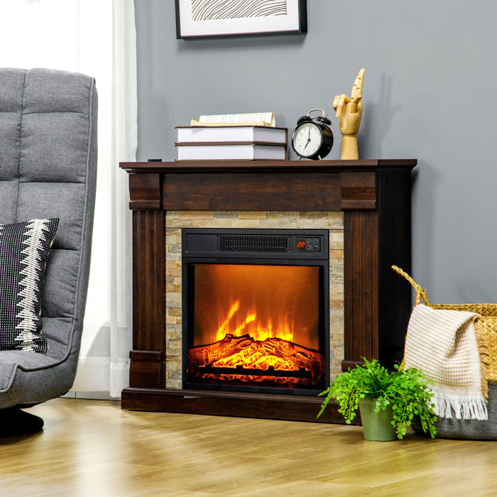 Cheminée électrique 1800W design ranch effet bois foncé et pierre parement télécommande