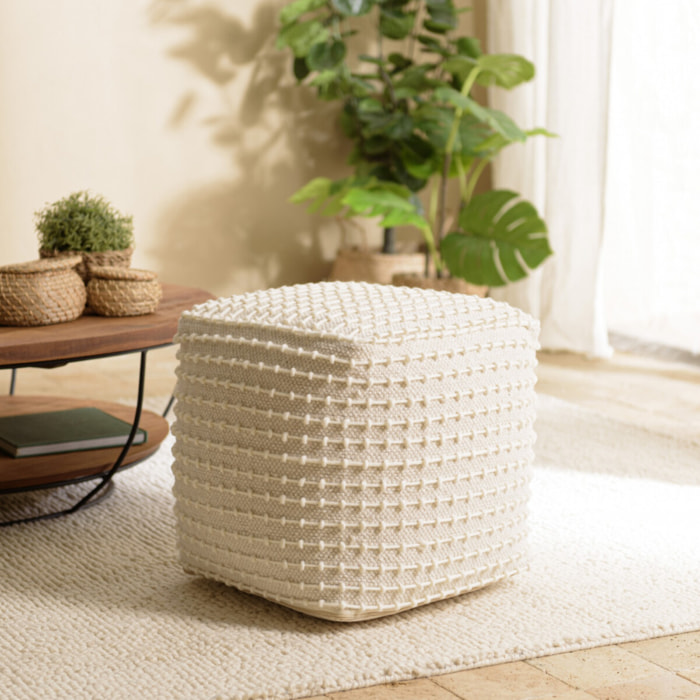 CHARLES - Pouf carré en laine texturée couleur ivoire