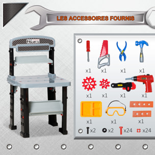 Etabli et outils pour enfant - jeu d'imitation bricolage - nombreux accessoires plus de 79 pièces & outils variés - PP noir gris