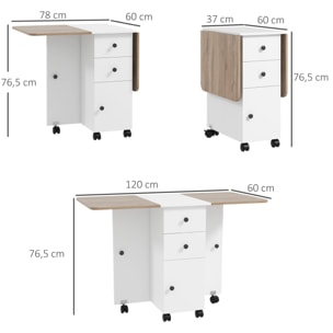 Mesa Plegable de Comedor, Mesa de Cocina Plegable, con Ruedas, Alas Abatibles, 2 Cajones, Estante y Armario, Hasta 6 Personas, para Salón, Espacio Pequeño, 120x60x76,5 cm, Blanco y Natural