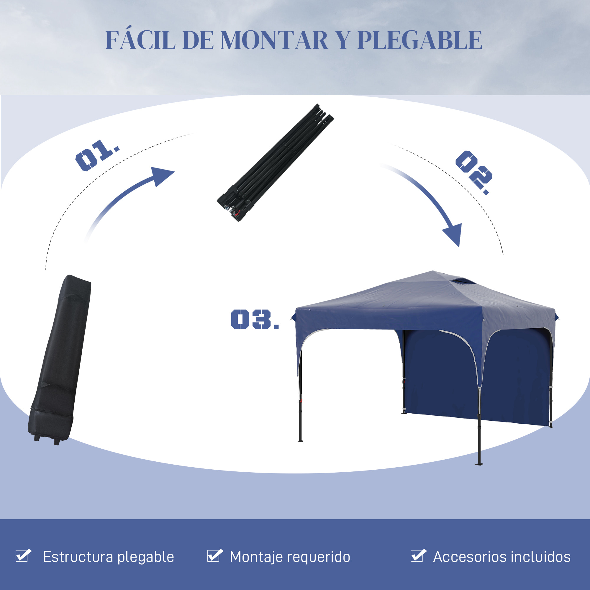 Carpa Plegable 3x3 m Cenador de Jardín con Altura Ajustable 1 Pared Lateral Impermeable 4 Bolsas de Arena y Bolsa de Transporte Gazebo para Exterior Patio Fiestas