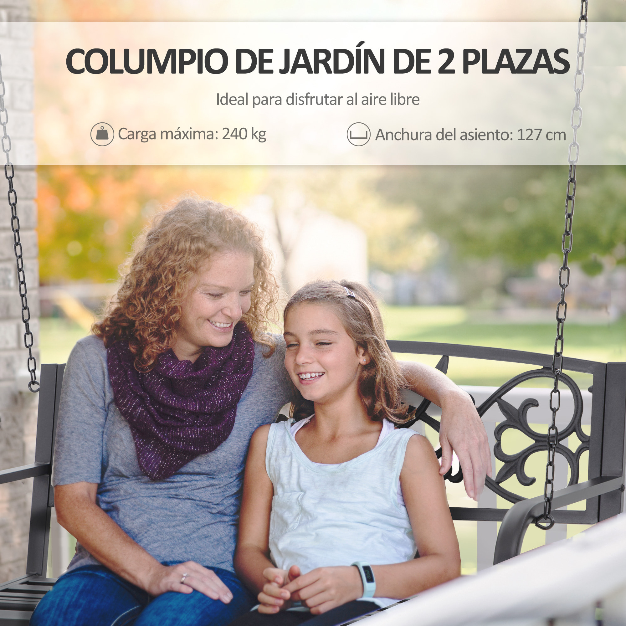 Banco Columpio de 2 Plazas de Acero con Reposabrazos Carga 240 kg 127x59,5x52 cm