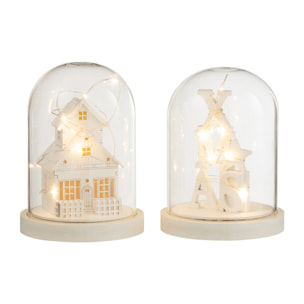 J-Line décoration cloche Hiver - bois/verre - blanc - 2 pcs - LED