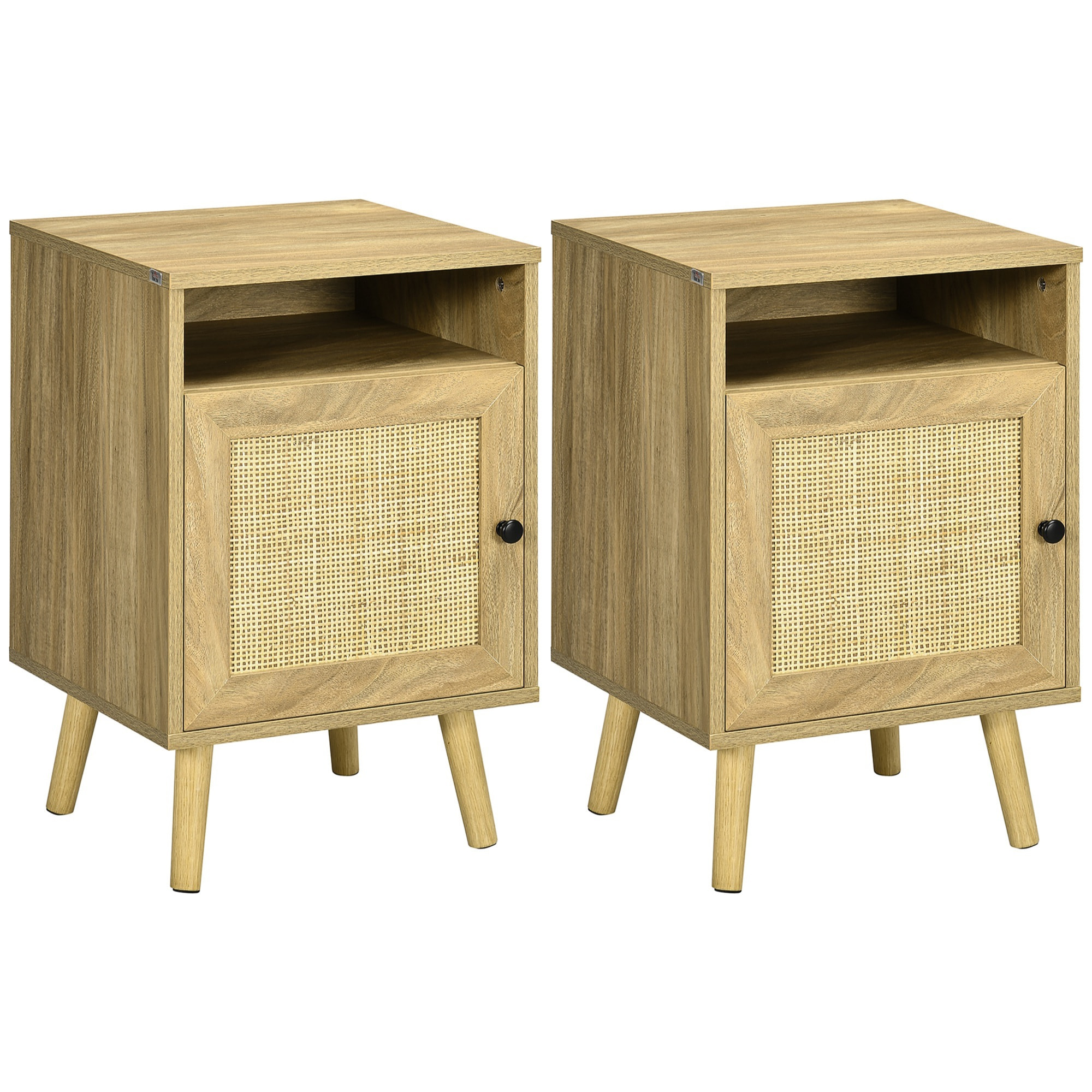Conjunto de 2 Mesitas de Noche Mesillas de Noche con Puertas de Ratán Compartimientos Abiertos y Antivuelco Mesas Auxiliares para Dormitorio Salón 39x35x60 cm Natural
