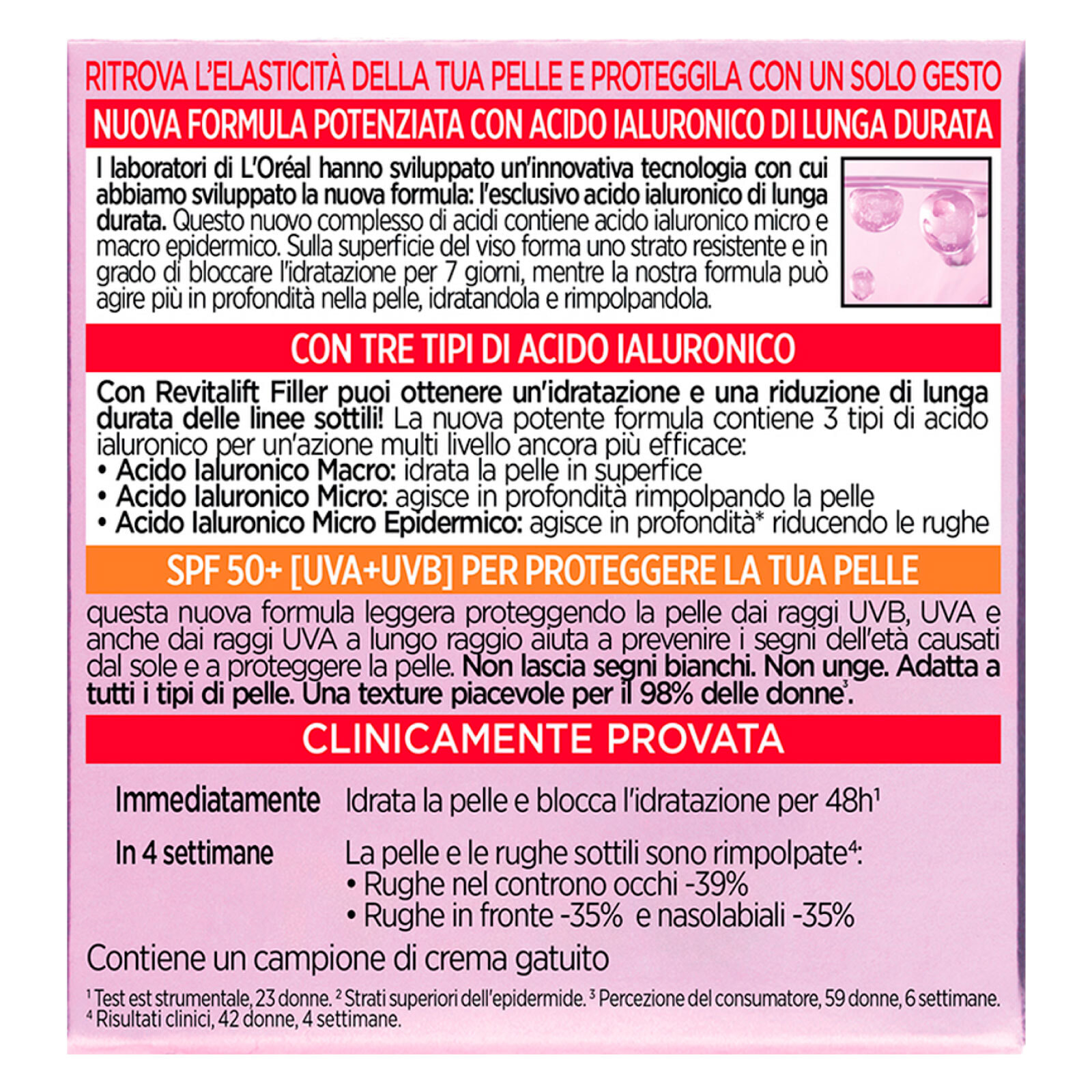 Crema Viso Anti-Rughe SPF 50 Revitalift Filler Trattamento Rivolumizzante Giorno con Acido Ialuronico - Barattolo da 50ml