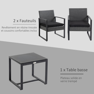 Salon de jardin 2 places 3 pièces 2 chaises avec coussins + table basse plateau verre trempé résine tressée aspect rotin noir