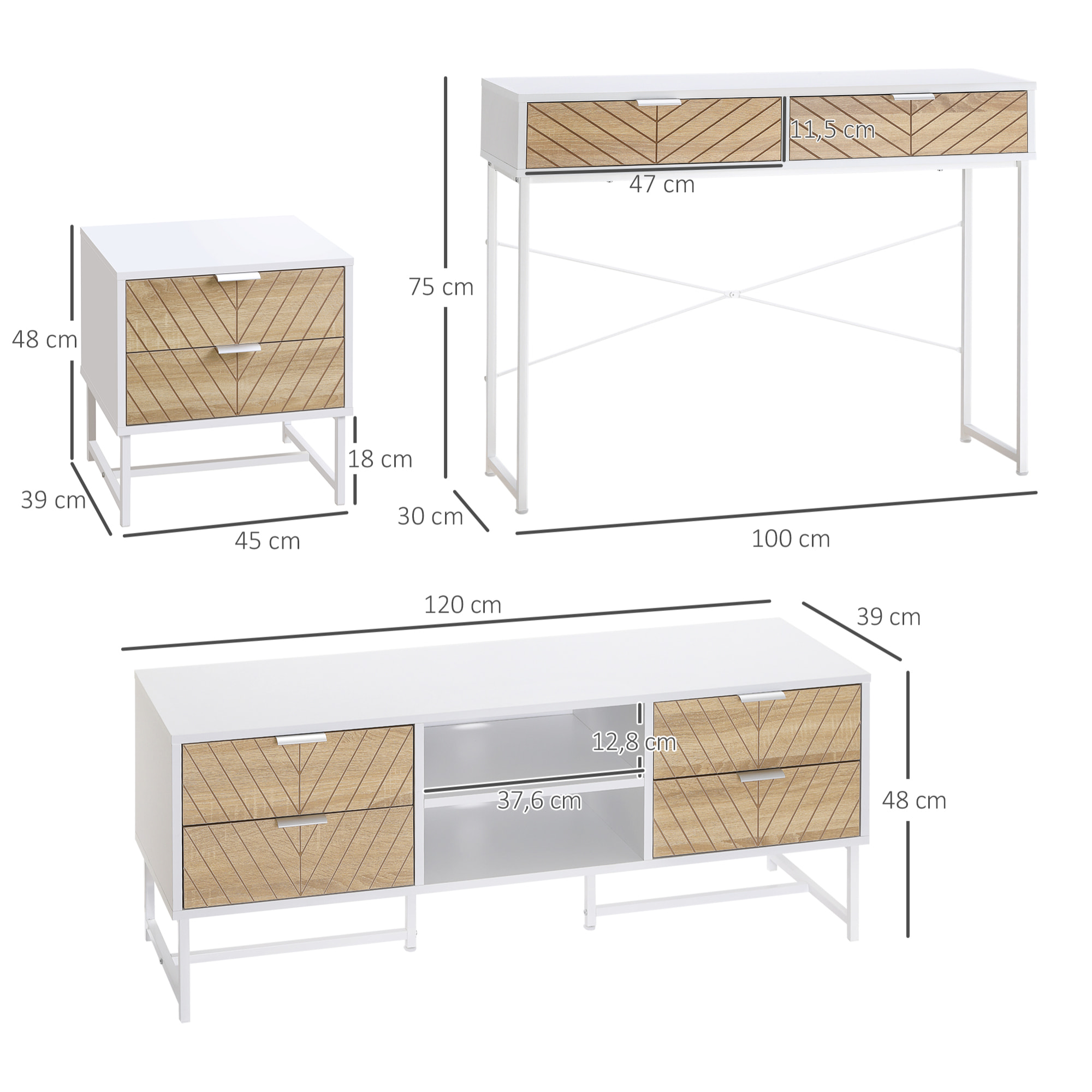 Conjunto para el Hogar Incluye 1 Mueble de TV para Televisores de hasta 47 Pulgadas 1 Mesa de Consola y 1 Mesita Auxiliar con 2 Cajones Blanco y Roble