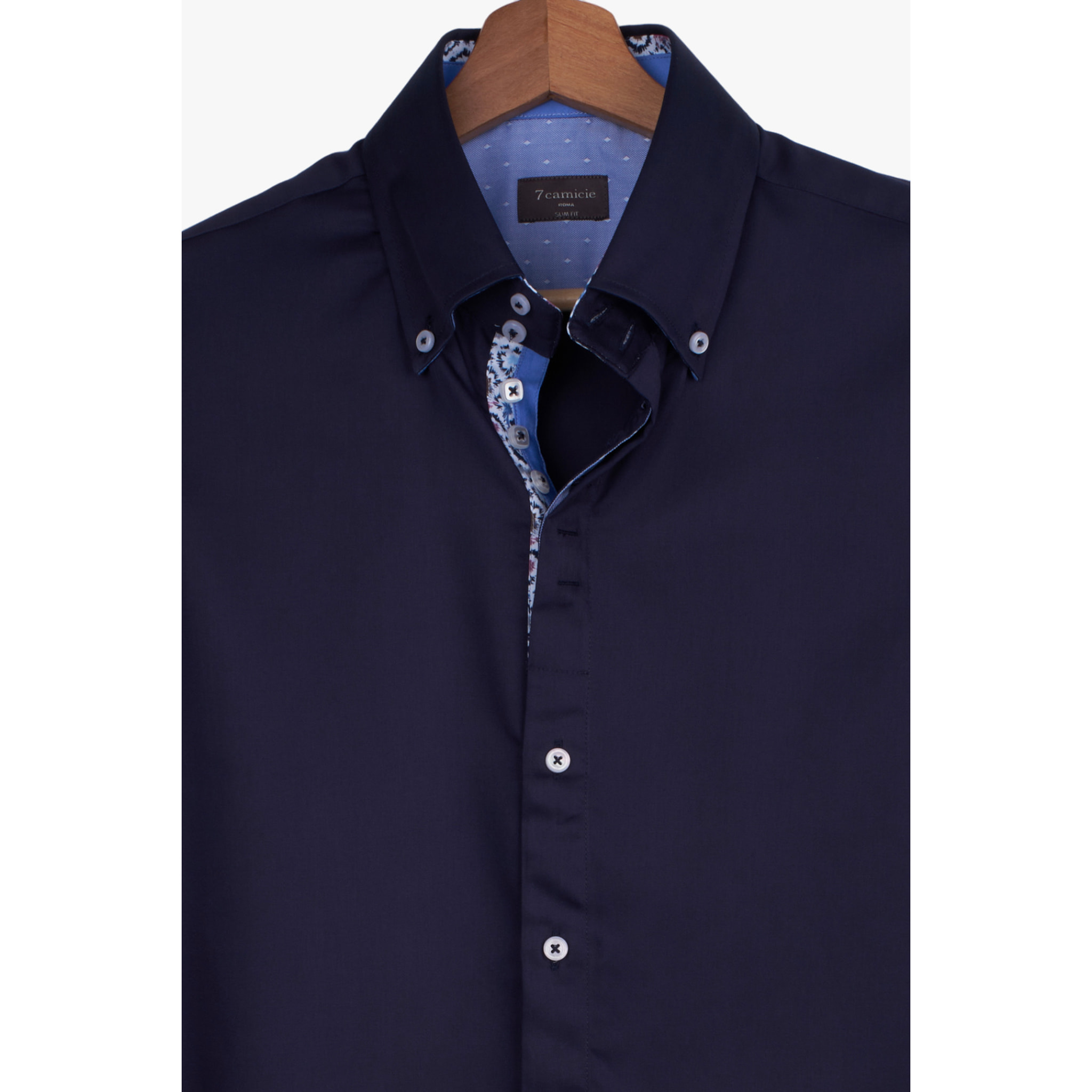 Camicia Uomo 2 Bottoni Button Down Slim Satin Unito Blu