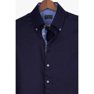 Camicia Uomo 2 Bottoni Button Down Slim Satin Unito Blu
