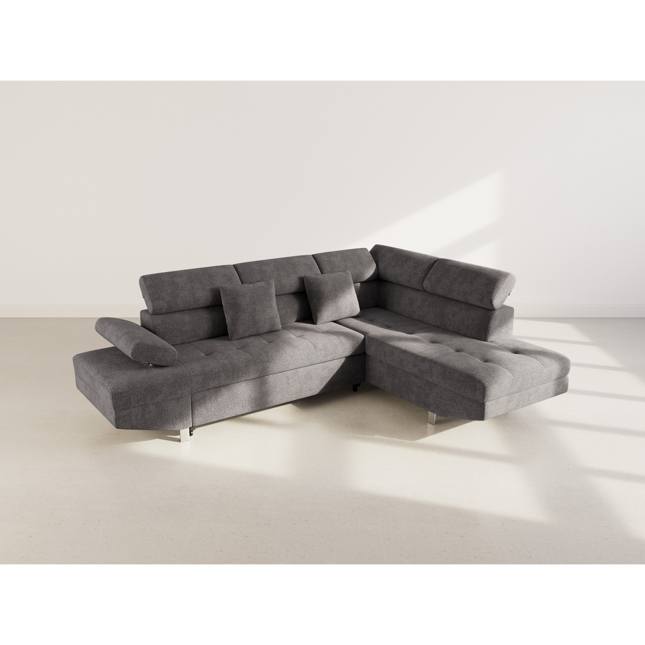 Margaux - Canapé d'angle droit 5 places convertible avec coffre et têtières réglables en velours texturé - Gris