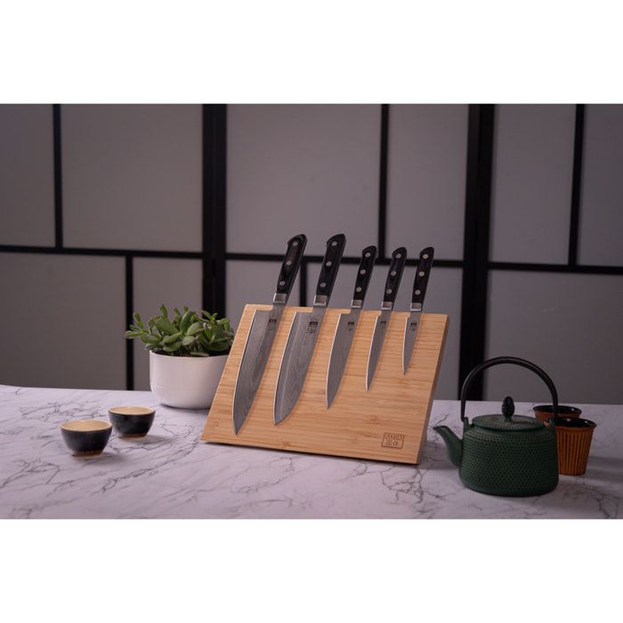 Le Set Nomad Complet Hashi Damas 7 pièces : 5 couteaux (office 9cm + universal 12cm + petty 15cm + santoku 18cm + gyuto 21cm) + étui 100% coton + fusil à aiguiser