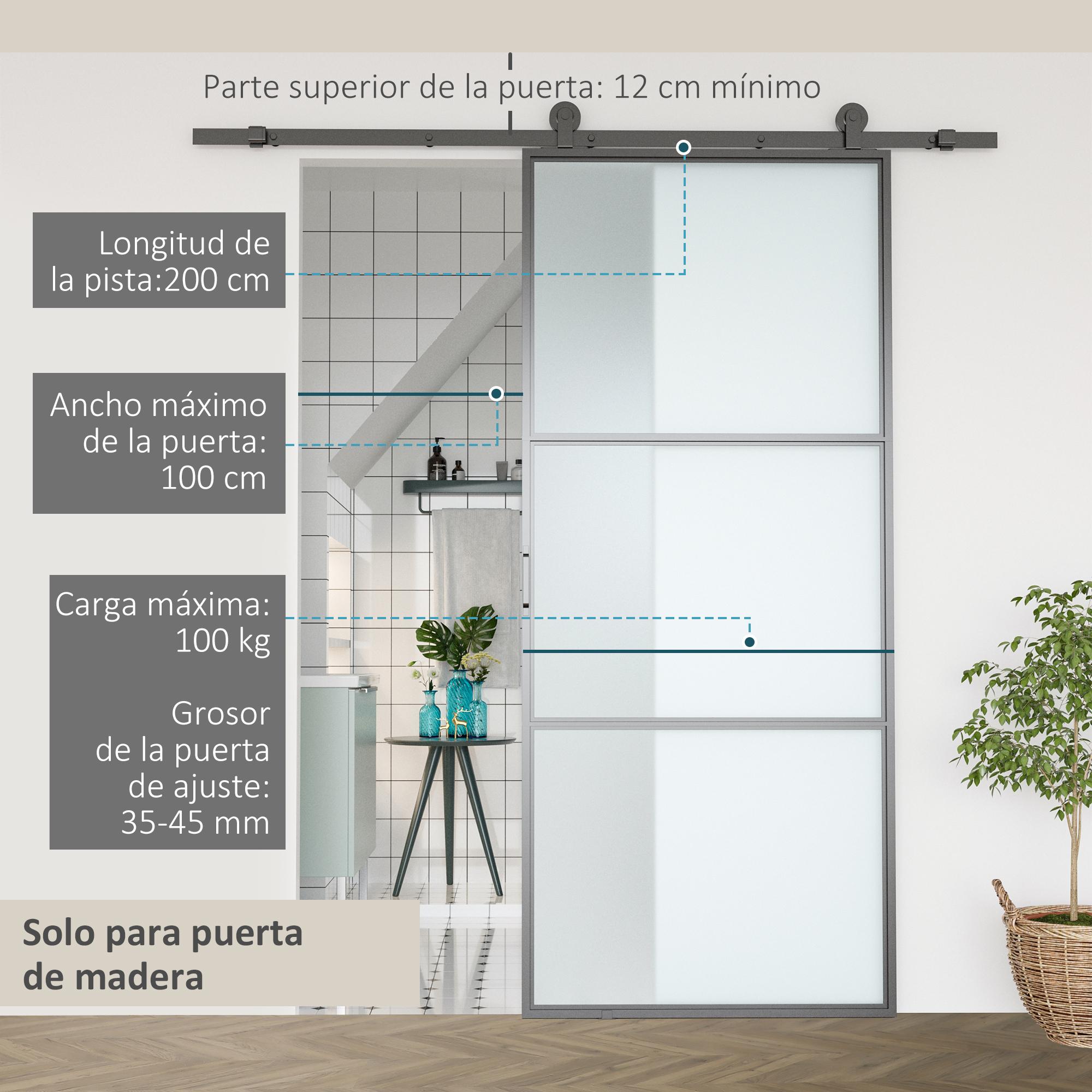 Herraje para Puerta Corredera 200 cm Kit de Accesorios para Puerta Corredera Carga 100 kg con 2 Rieles de Acero al Carbono Guia para Puerta de Granero 200x40x0,6 cm Negro