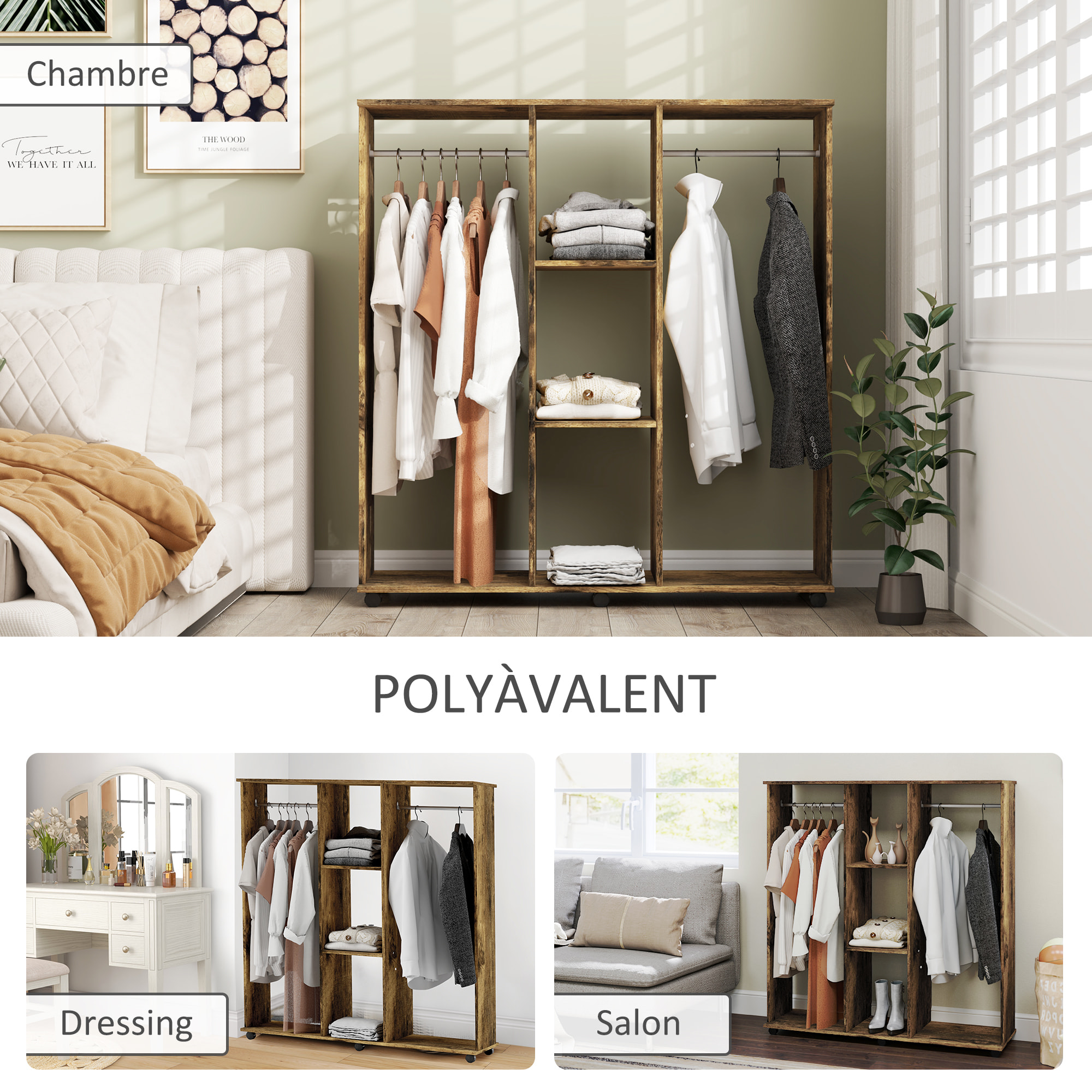 Armoire penderie meuble de rangement mobile 6 roulettes 120L x 40l x 128H cm panneaux de particules aspect bois vieilli