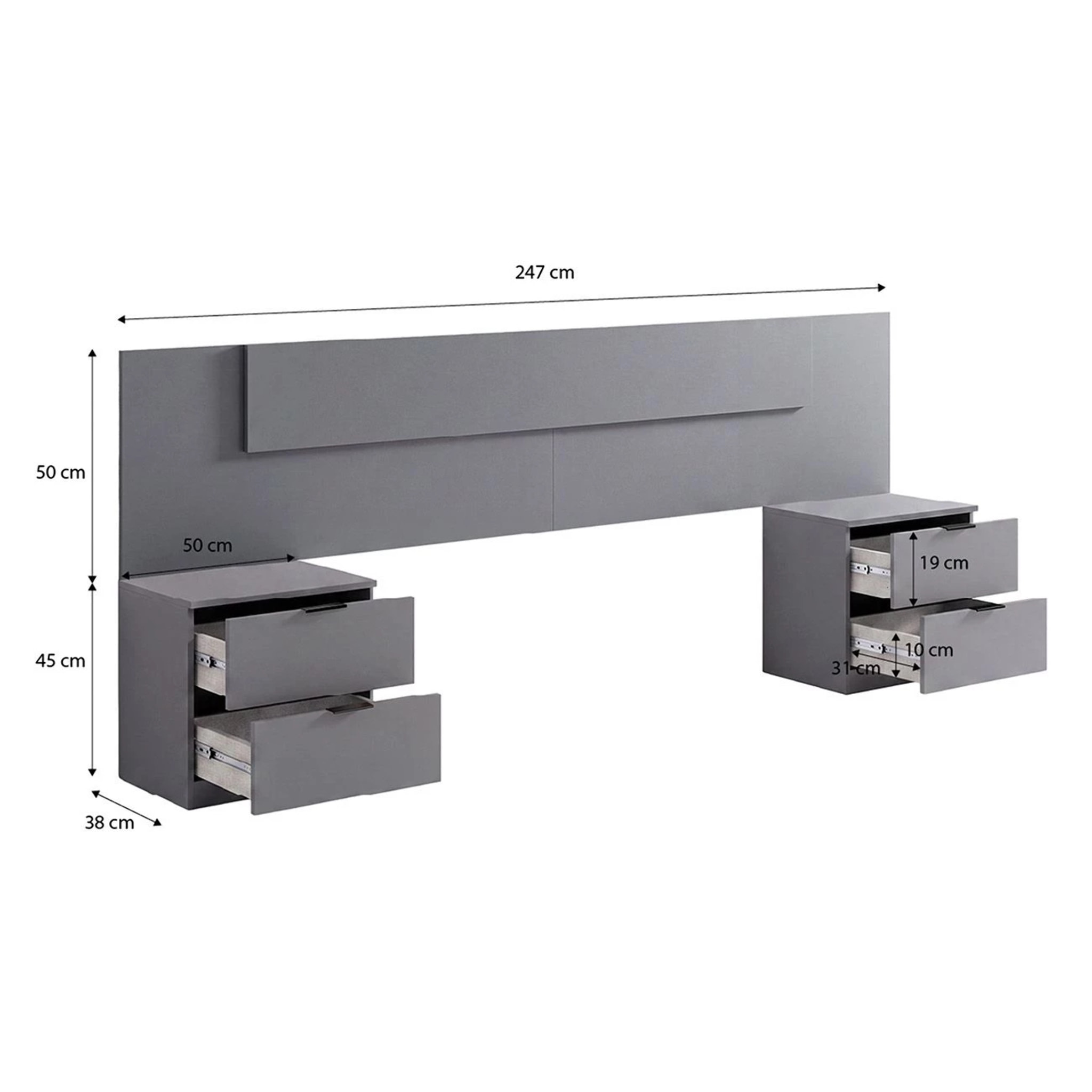 Cabecero para cama de 135-150 cm y 2 mesitas con cajones en gris grafito Akari Gris Grafito