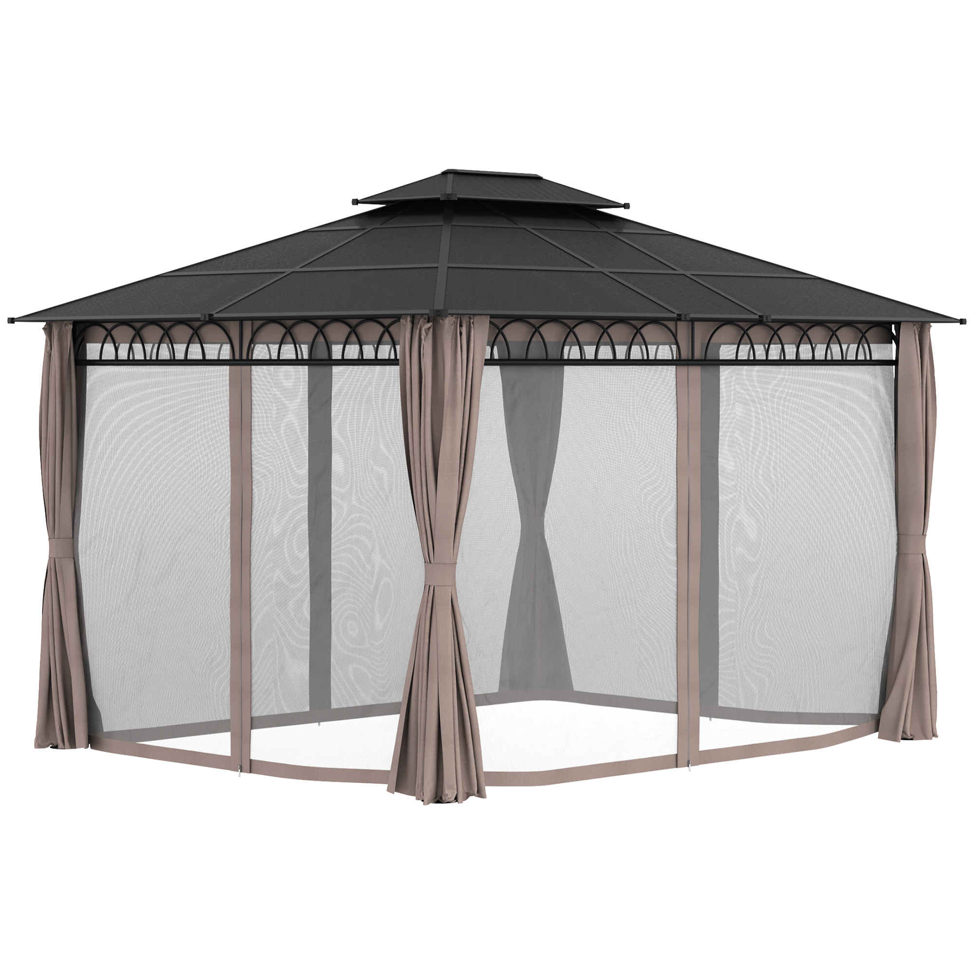 Pavillon de jardin tonnelle rigide dim. 3,6L x 3l x 2,78H m rideaux latéraux anti-UV structure gris toit polycarbonate noir