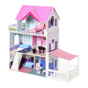 HOMCOM Casa delle Bambole in Legno per Bambini 3+ Anni con 12 Accessori, Tre Piani, Cortile e Arredamento, Rosa