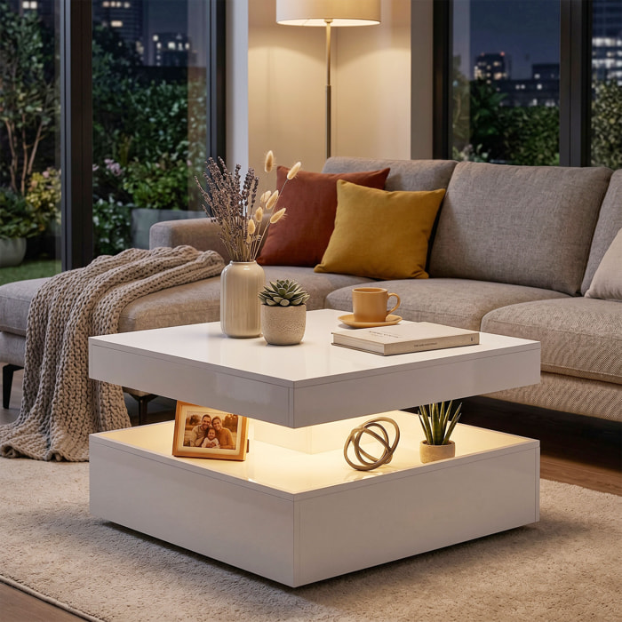 Mesa de Centro con LED RGB de 7 Colores, Mesa de Café para Salón de Alto Brillo Blanco con Almacenamiento Abierto y Mando a Distancia, para Comedor, Oficina, 78x78x40 cm