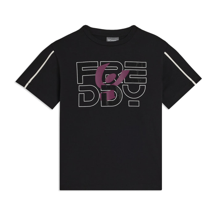 T-shirt Junior con logo in strass e cuciture a contrasto