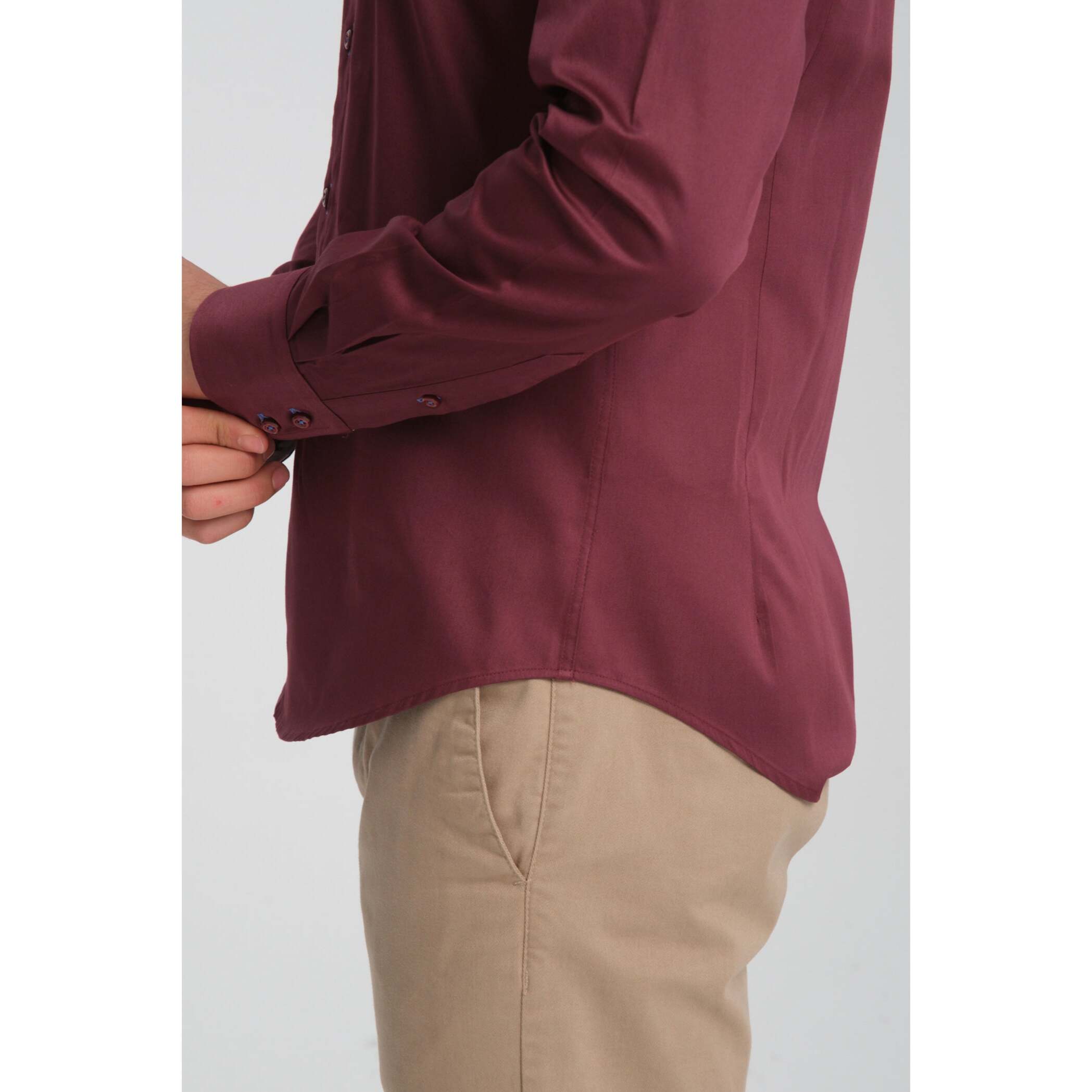 Camicia Uomo 2 Bottoni Button Down Slim Satin Unito Bordeaux