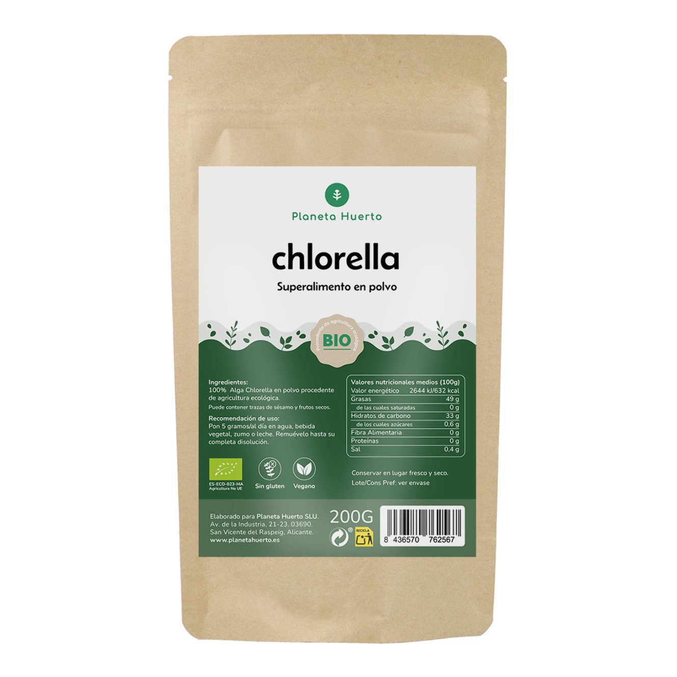 PLANETA HUERTO Alga Chlorella en Polvo ECO 200g – Superalimento Detox, Rico en Clorofila, Vitaminas y Proteínas