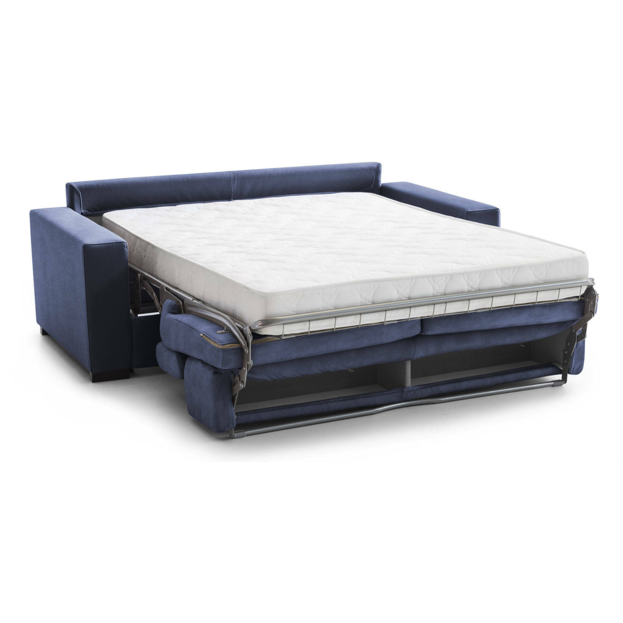 Divano Letto Agrippina, Divano a 2 posti Large, 100% Made in Italy, Sofà Soggiorno con apertura girevole, con poggiatesta regolabili e Braccioli standard, Cm 200x95h85, Blu