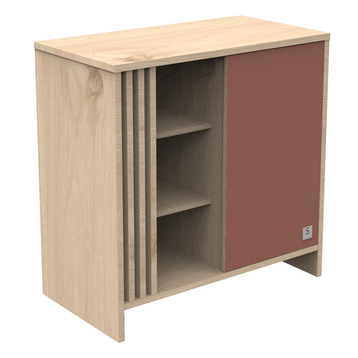 Commode 1 porte colorée et 3 niches avec claustra en bois décor chêne Suave