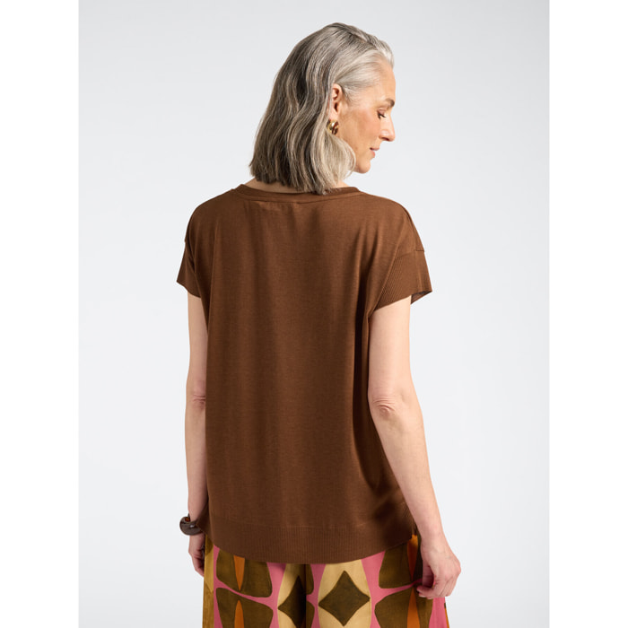 Elena Mirò - T-shirt con bordi a coste - Marrone