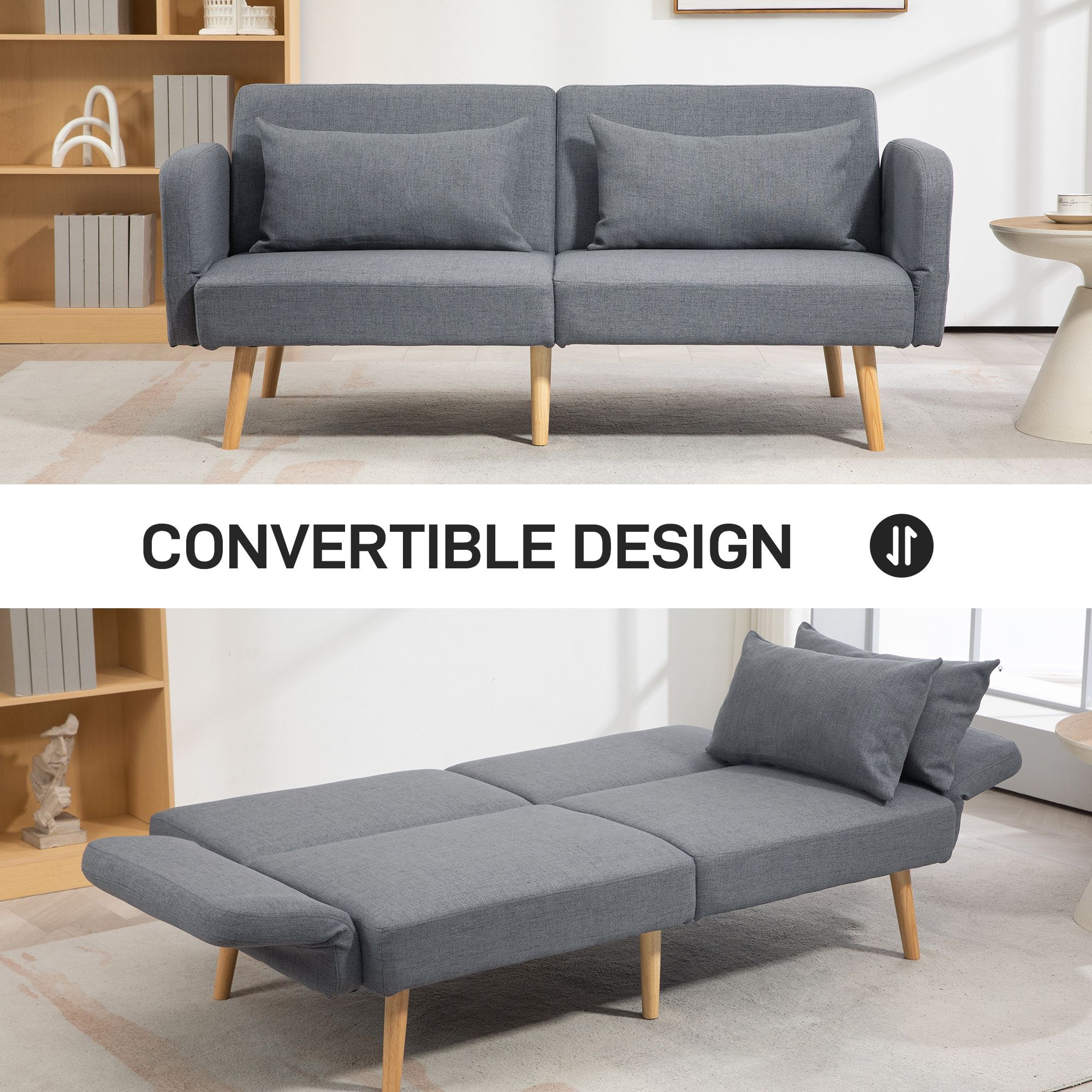 Canapé convertible 3 places design scandinave - dossier inclinable, accoudoirs réglables - 2 coussins déco - tissu gris