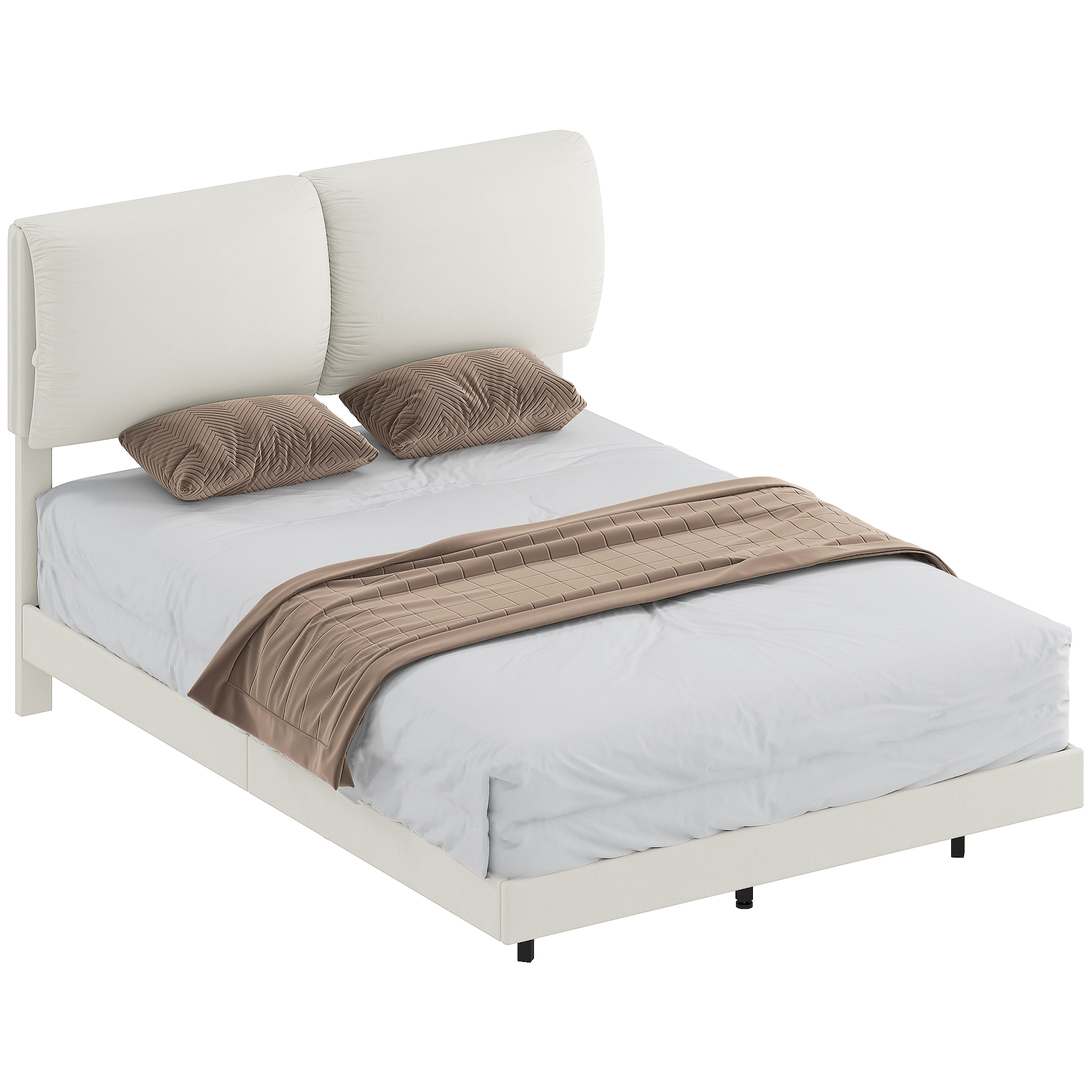 Cama Doble de 135x190 cm, Marco de Cama con Cabecero Acolchado, Efecto Flotante, Estructura Metálica, Lamas de Madera, Silencioso, Estilo Moderno, Beige