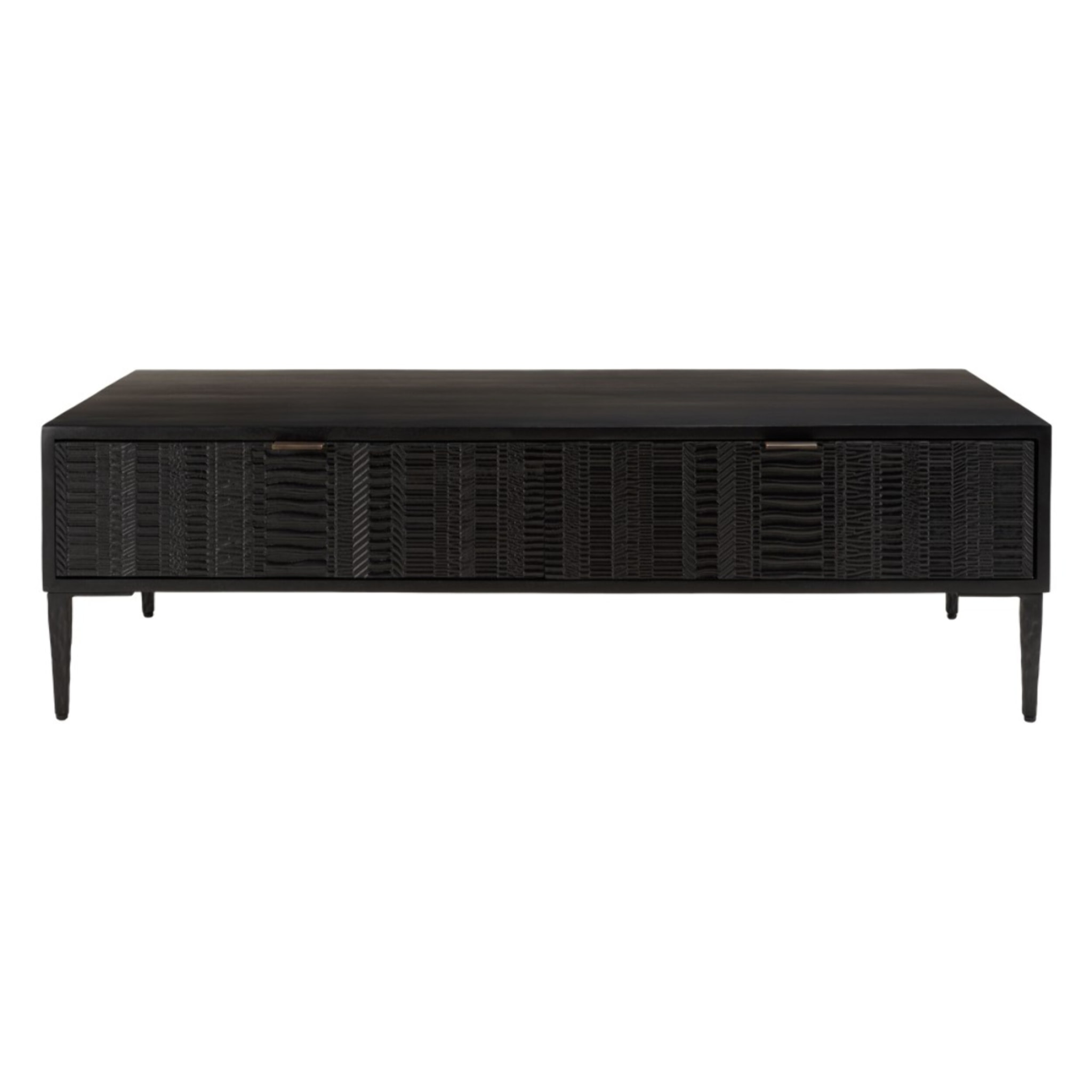GLORIA - Table basse en manguier noir 2 tiroirs sculptés pieds métal